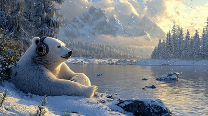 Canvas Print - Polar bear wearing headphones relaxes by a serene winter lake, snow-covered mountains in the background.