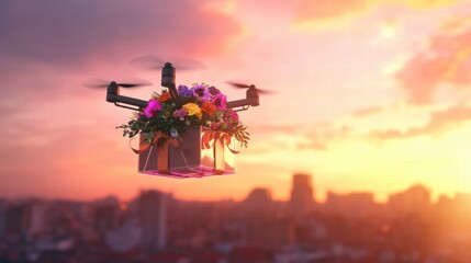 Poster - Drone delivering vibrant bouquet of flowers over city skyline during sunset. Generative AI