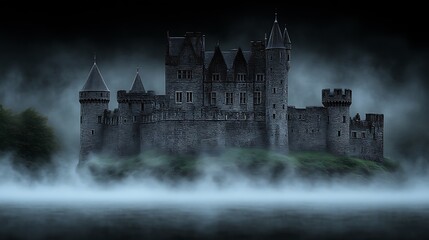 Mysterious castle shrouded in fog at night.