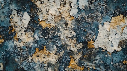 Wall Mural - Close-up of peeling paint on a weathered surface, showing blue, gray, and yellow hues.