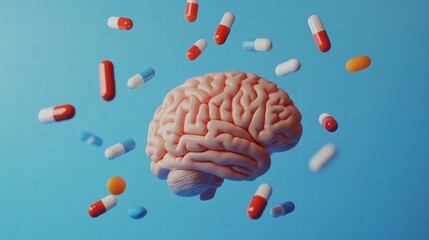 Aufkleber - Creative 3D model of a human brain surrounded by colorful pills on a blue background. Generative AI