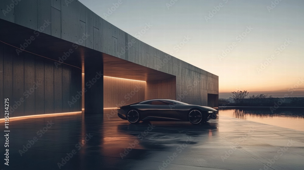 Luxury car parked in a modern architecture setting during sunset under ...