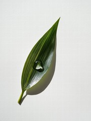 Poster - Single green leaf enveloped by soft sunlight showcasing a perfect water droplet catching light. Generative AI