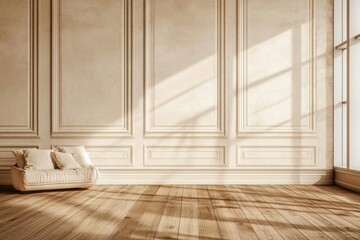 Wall Mural - Beige colored wall with wooden floor. Photography backdrop.