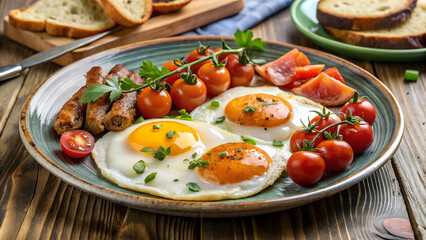 Wall Mural - English breakfast food. Egg plate cooked.