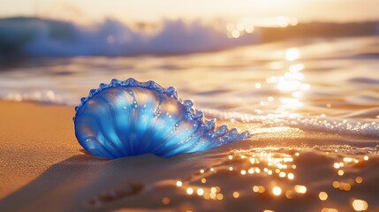 Portuguese Man O' War with translucent blue and soft coral hues resting on golden sands with sparkling waves in the warm light of the setting sun