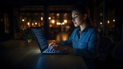 Woman programmer coding late at night on laptop computer
