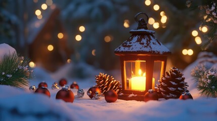 Wall Mural - A whimsical Christmas lantern glowing warmly in the snow, surrounded by pine cones and ornaments