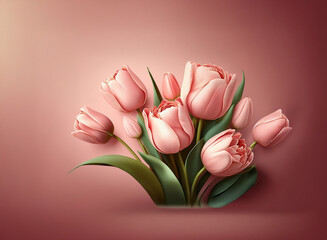 Poster - A delicate bouquet of blush pink tulips, artfully arranged against a soft rose background.  The image evokes feelings of springtime and romance.