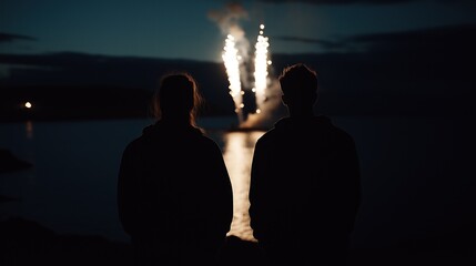 Silhouetted young caucasian adults watching fireworks by the water at night