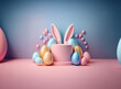 © joeycheung - Pastel pink and blue scene featuring a  3D rendered Easter bunny ears atop a cylinder with colorful eggs.  A festive spring holiday image.