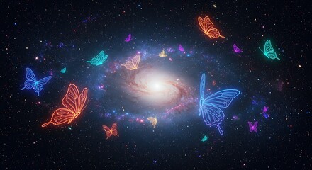 Wall Mural - abstract neon butterflies flying in a cosmic space filled with stars and galaxies