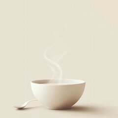 Leinwandbilder - Warm soup in a minimalist bowl with steam and a spoon ready for enjoyment. Generative AI