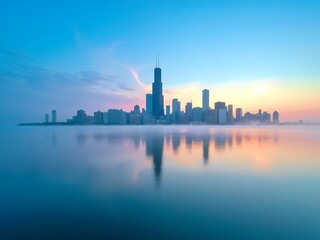 Majestic skyline reflected in tranquil waters
