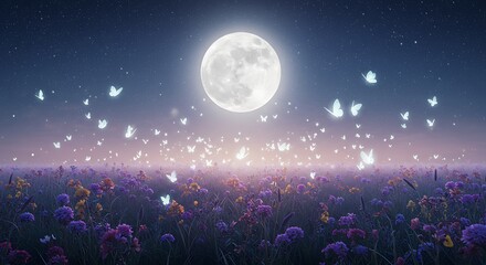 Wall Mural - a fantasy meadow glowing with bioluminescent butterflies under a full moon