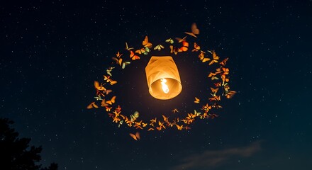 Wall Mural - butterflies flying in a spiral around a glowing lantern at night