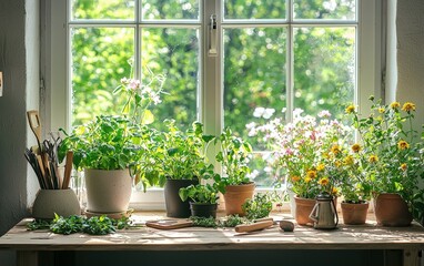 A table with fresh herbs and garden tools, arranged near a bright window with spring flowers outside