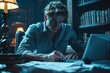 © neatlynatly - A young businessman sits in a dimly lit home office, focused on paperwork. The room is filled with bookshelves and a warm lamp adds a cozy ambiance.