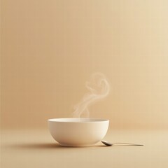 Leinwandbilder - Warm soup bowl with steam curls and spoon on minimalist background providing perfect copy space for various culinary themes. Generative AI