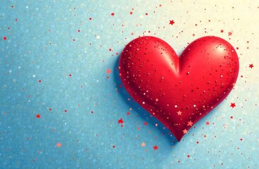 A red smooth voluminous heart with a speckled texture lies on the right of the picture on a blue textured background with red small stars around with space for text