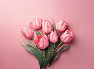 Wall Mural - A delicate bouquet of pale pink tulips arranged on a matching pink background.  The soft lighting and smooth petals create a serene and elegant image.