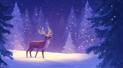 Wall Mural - Magical Christmas banner showcasing a reindeer in a snowy forest with glowing Christmas trees and stars