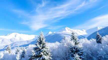 Amazing winter scenes snowcovered mountains and pine trees under bright sunlight. Perfect for winter holidaythemed designs, naturethemed projects, and travel advertisements.