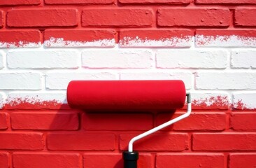 Wall Mural - The red paint roller paints the brick steppe in red, leaving a white stripe in the middle with space for text, Renovation concept, wall painting, interior design.