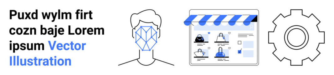 User with geometric face pattern, digital storefront with product images, gear icon for settings. Ideal for e-commerce, online security, user interface, digital marketing, technology integration