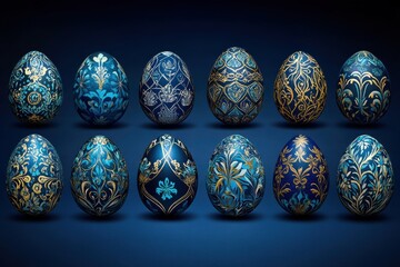 Wall Mural - An Exquisite and Beautiful Array of Ornately Designed Easter Eggs, Each One Showcasing Beautifully Vibrant Blue and Golden Patterns That Capture the Essence of This Celebratory Season