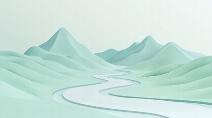 Poster - Winding river flows through minimalist mountain range with ample space for text in serene landscape design. Generative AI