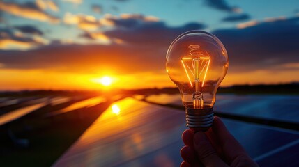 hand holding glowing light bulb with a house green power plant of solar panels on roof at background.	
