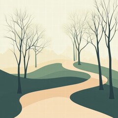 Leinwandbilder - Winding minimalist forest path leading into the serene distance with soft pastel hues and bare trees. Generative AI