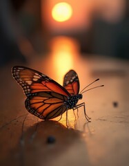 Sticker - A butterfly sitting on top of a wooden table