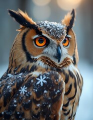 Poster - A close up of an owl with orange eyes in the snow