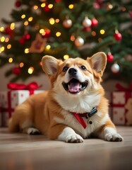 Wall Mural - A dog laying on the floor in front of a Christmas tree