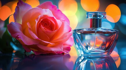 Aufkleber - Elegant Rose and Perfume Bottle with Colorful Bokeh Background