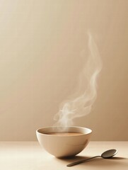 Leinwandbilder - Warm soup bowl with steam curling elegantly next to a spoon on a minimalistic surface. Generative AI