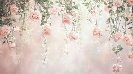 Aufkleber - Delicate Pink Roses and Green Leaves Hanging in Soft Background
