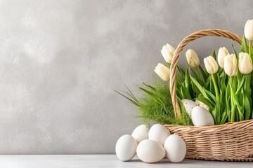 Wall Mural - The scene shows a lovely Easter display with a basket of vibrant white tulips and decorated eggs on a calming gray backdrop, symbolizing springs essence and the celebration of life