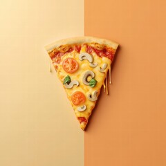 Poster - Delicious pizza slice topped with cheese drips, fresh tomatoes, and mushrooms on a minimalist background. Generative AI
