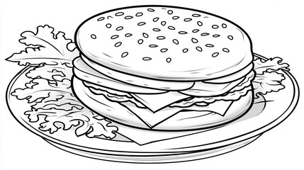 Wall Mural - Classic Burger Illustration A Black and White Line Art Drawing for Coloring and Design Projects