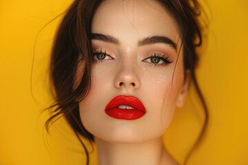 Wall Mural - Caucasian young female with bold red lips and glitter on cheeks against yellow background