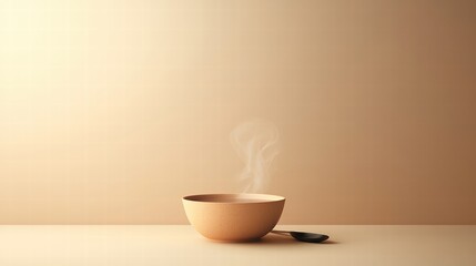 Leinwandbilder - Warm soup bowl with steam curling upward on a minimalist table with copy space for text or design. Generative AI