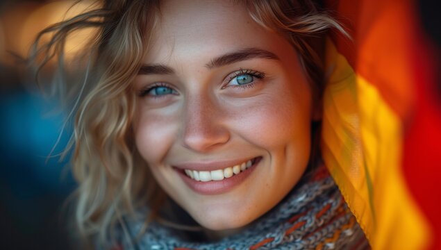 radiant young woman smiling warmly, draped in vibrant fabric, exuding positivity and joy. perfect fo