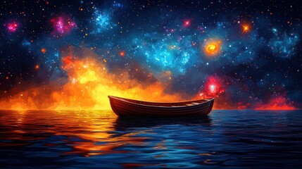 Wall Mural - A serene boat floats on a cosmic sea, surrounded by vibrant galaxies and starry skies.