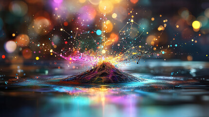 vibrant abstract visualization of colorful particles and lights creating dynamic explosion effect in reflective water surface