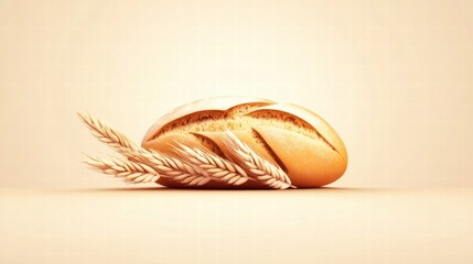 Poster - Minimalist bread loaf with wheat grains resting on a neutral background for template and mock up use. Generative AI