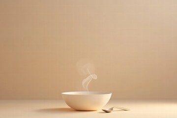Leinwandbilder - Elegant soup bowl with steam and spoon on a minimalist table setting. Generative AI