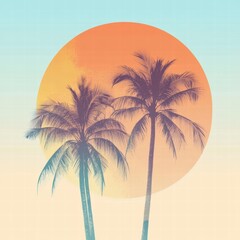 Poster - Palm trees silhouetted against a pastel orange and blue gradient sky at sunset, creating a minimalist travel vibe. Generative AI